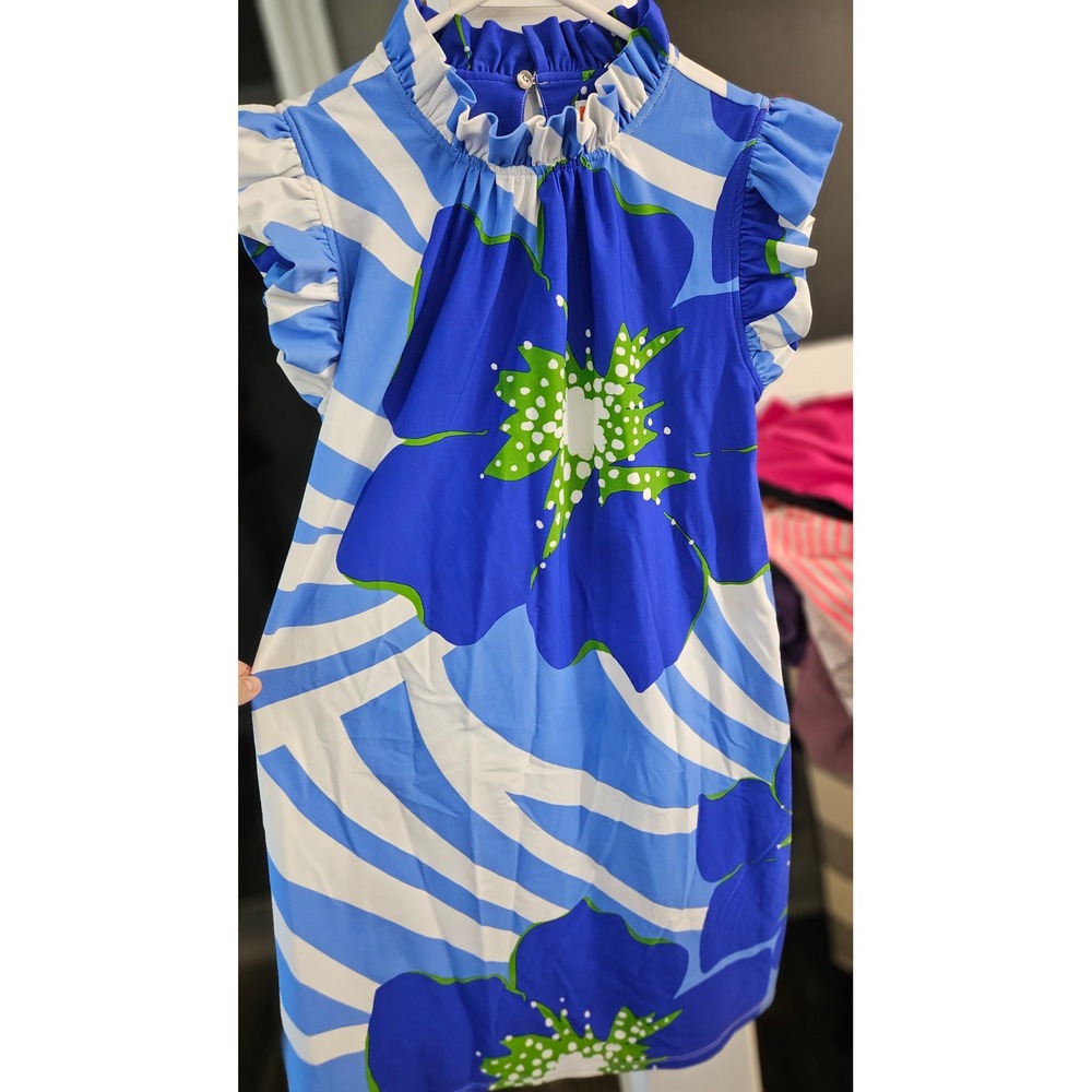 Girlhoodcore Jude Connally Blue Floral Ruffle Neck Flutter Sleeve Mini Dress M